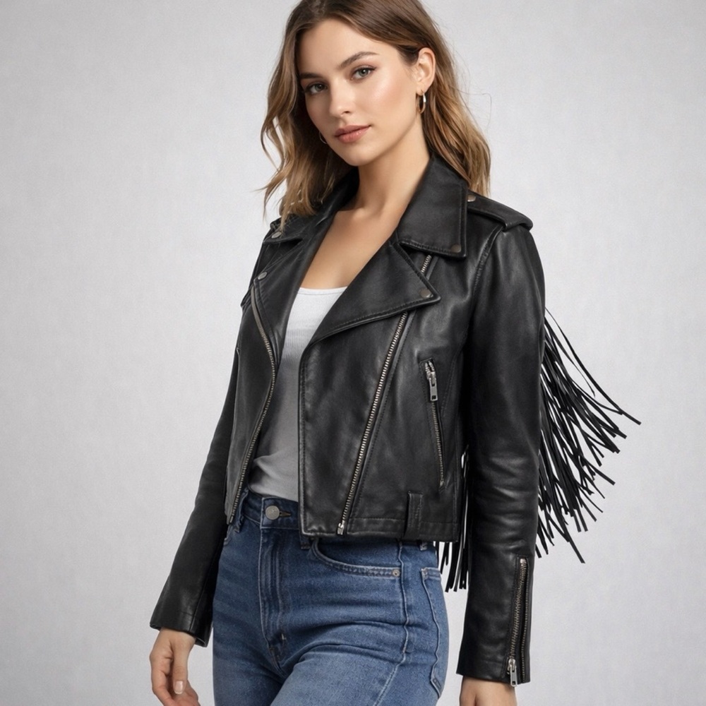 Nasty Gal Collection Real Leather Fringe Moto Jacket US 6 EU 38 Belt Missing GUC